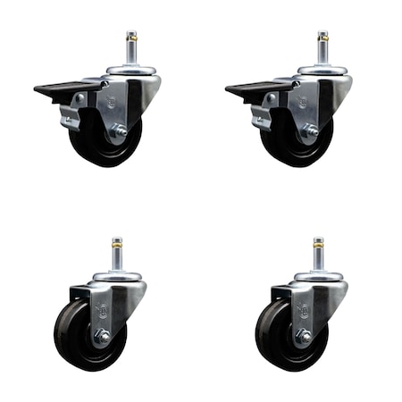 Service Caster 3'' Phenolic Wheel Swivel 7/16'' Grip Ring Stem Caster Set 2 Brakes, 4PK SCC-GR20S314-PHS-PLB-716138-2-S-2